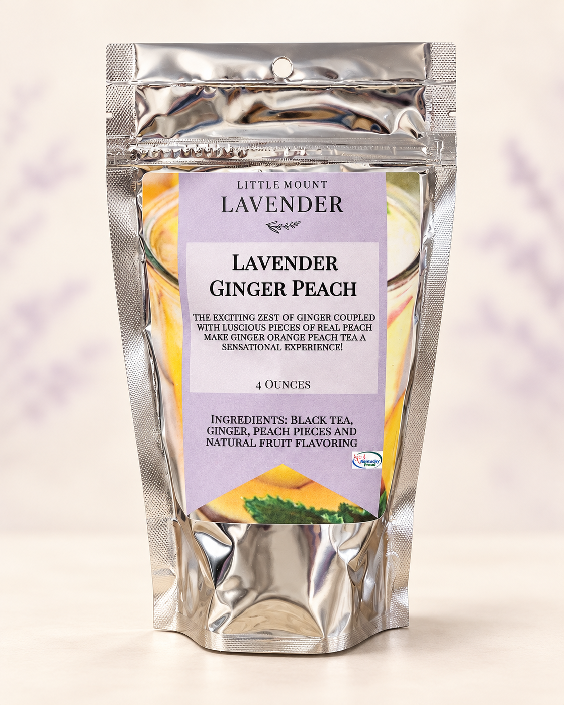 Little Mount Lavender Lavender Ginger Peach tea silver pouch on cream background