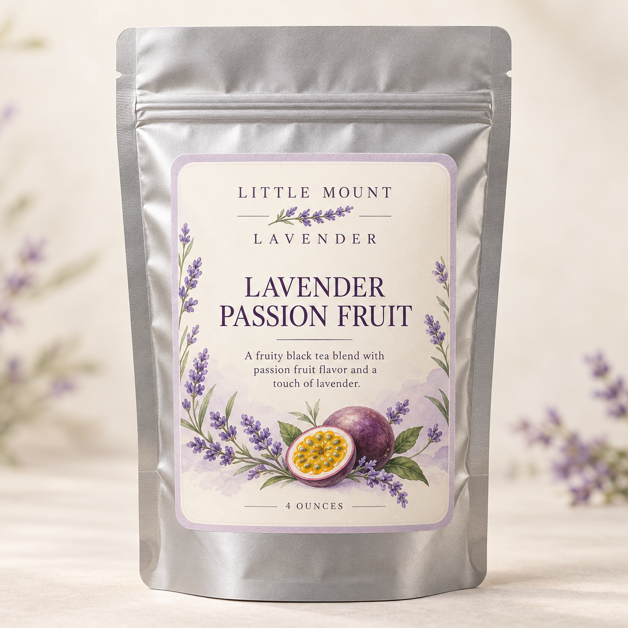 Little Mount Lavender Lavender Passion Fruit tea silver pouch on cream background