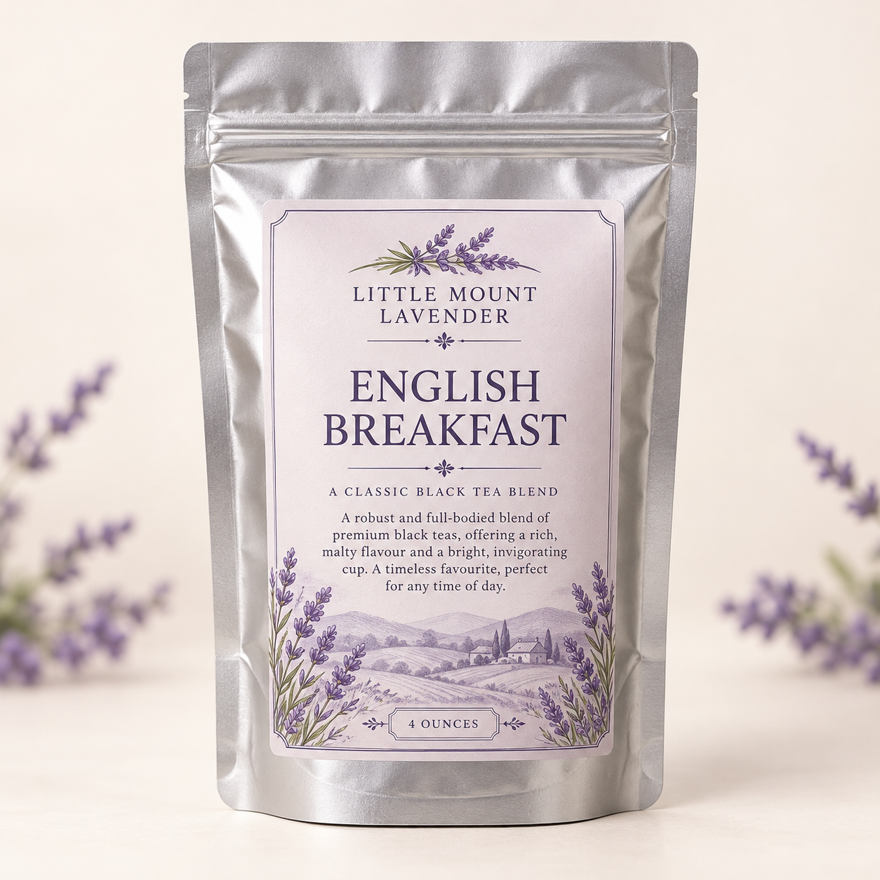 Little Mount Lavender English Breakfast tea on cream background