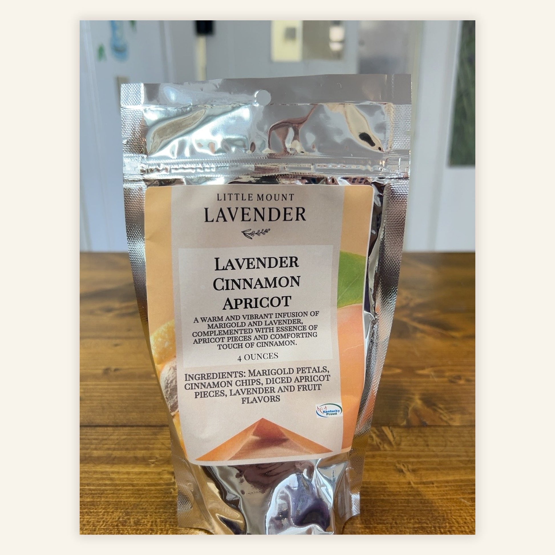 Full original photographed Lavender Cinnamon Apricot Herbal Loose Leaf Tea silver tea pouch