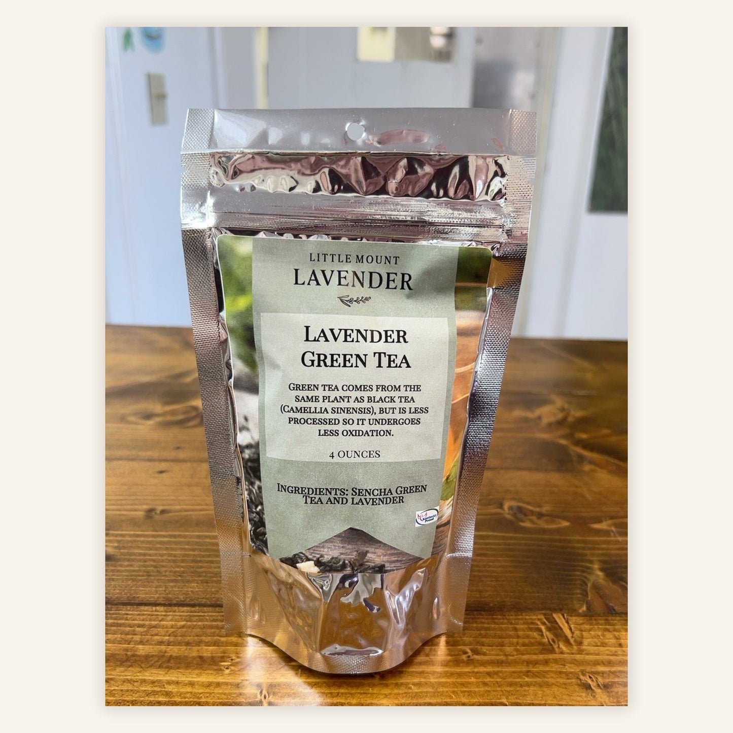 Original photographed Lavender Green Loose Leaf Tea, complete silver foil package