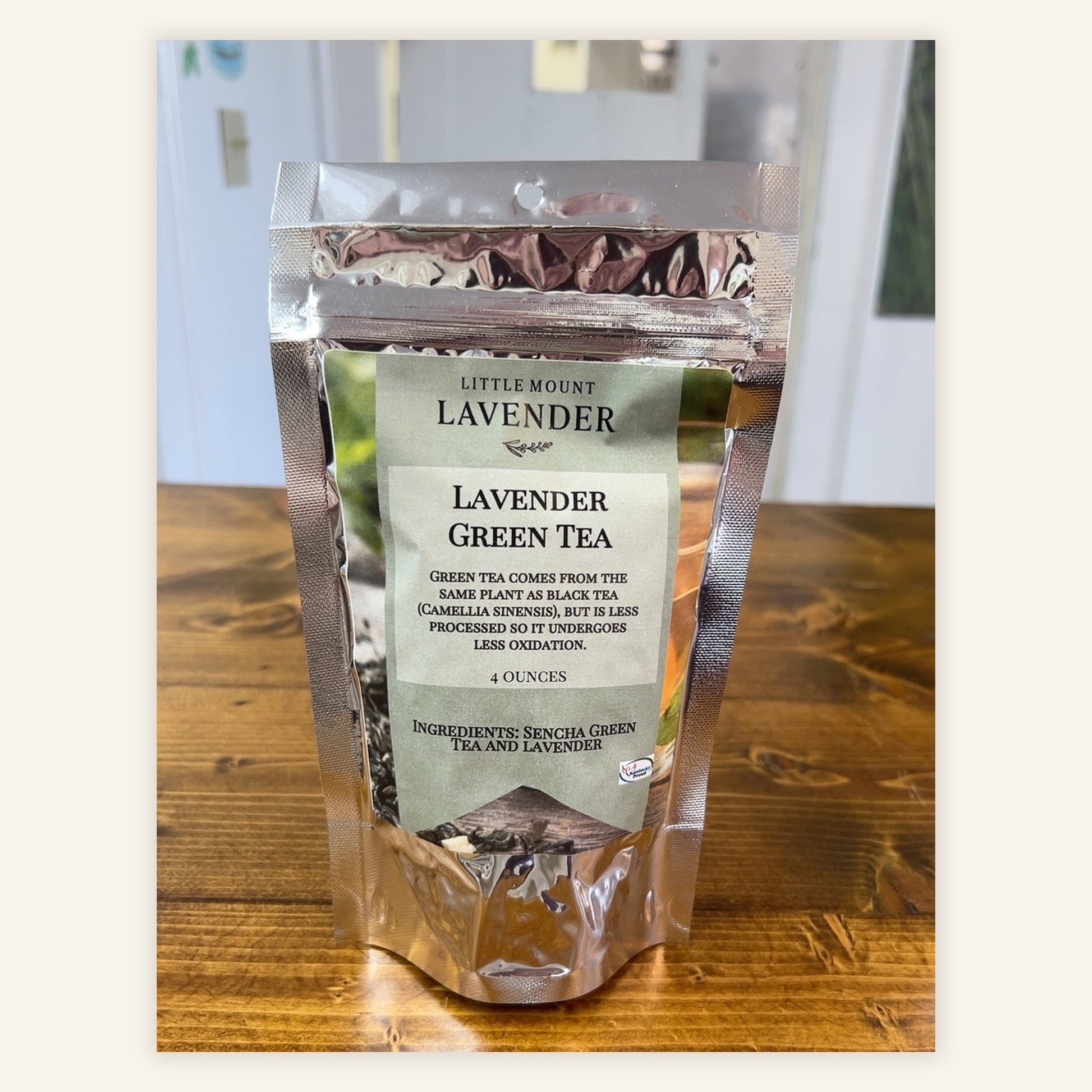 Original photographed Lavender Green Loose Leaf Tea, complete silver foil package