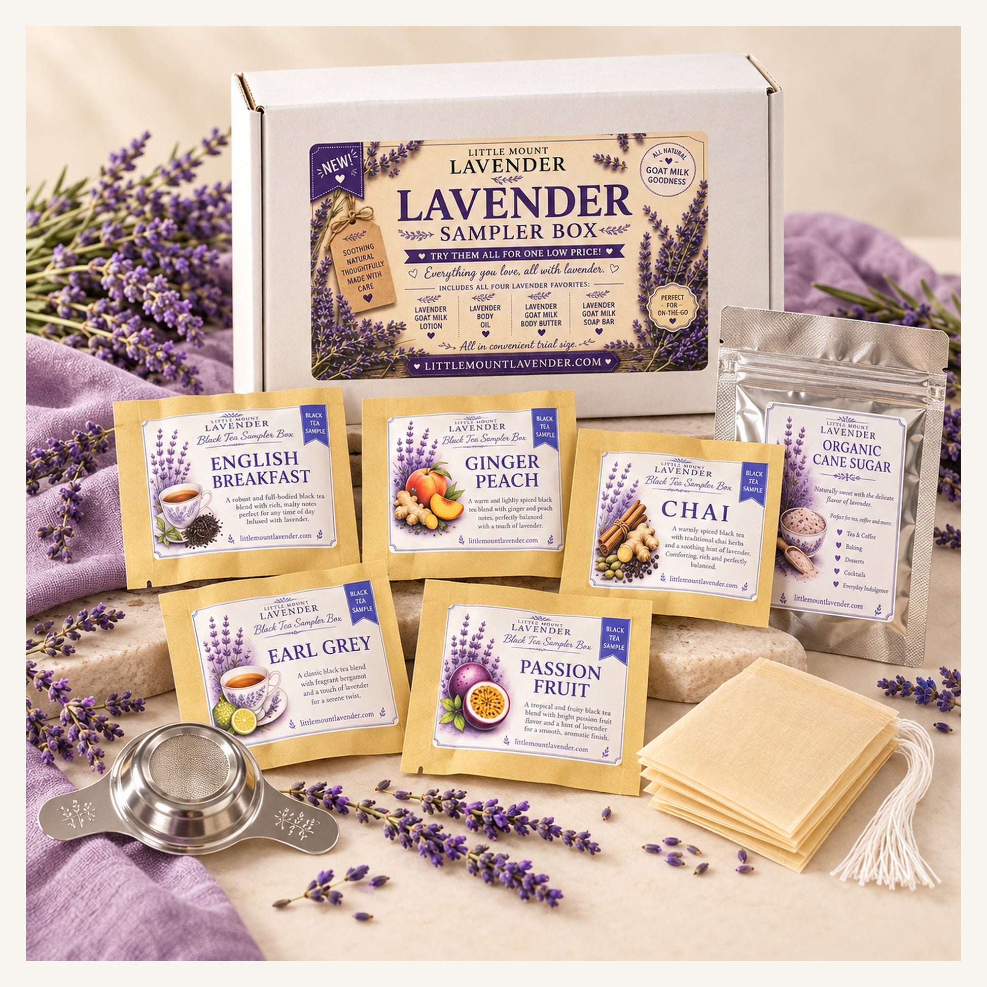 Black Tea Sampler Gift Box with five tea packets and tea accessories arranged on cream and lavender background