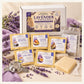 Black Tea Sampler Gift Box with five tea packets and tea accessories arranged on cream and lavender background