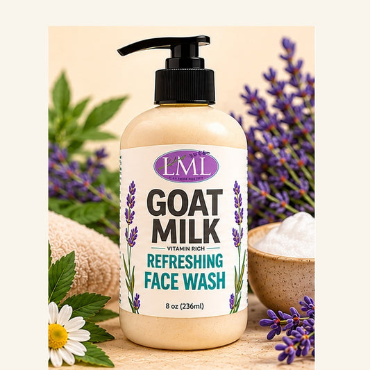 Goat Milk Refreshing Face Wash fully visible including black pump on cream lavender backdrop
