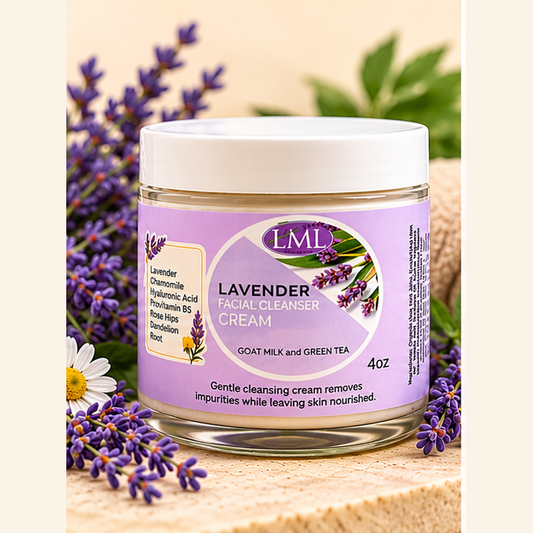 Full-size Lavender Facial Cleanser Cream 4 oz jar with original label and botanical cream background