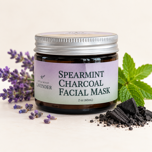 Little Mount Lavender Spearmint Charcoal Facial Mask photographed on cream background with lavender accents